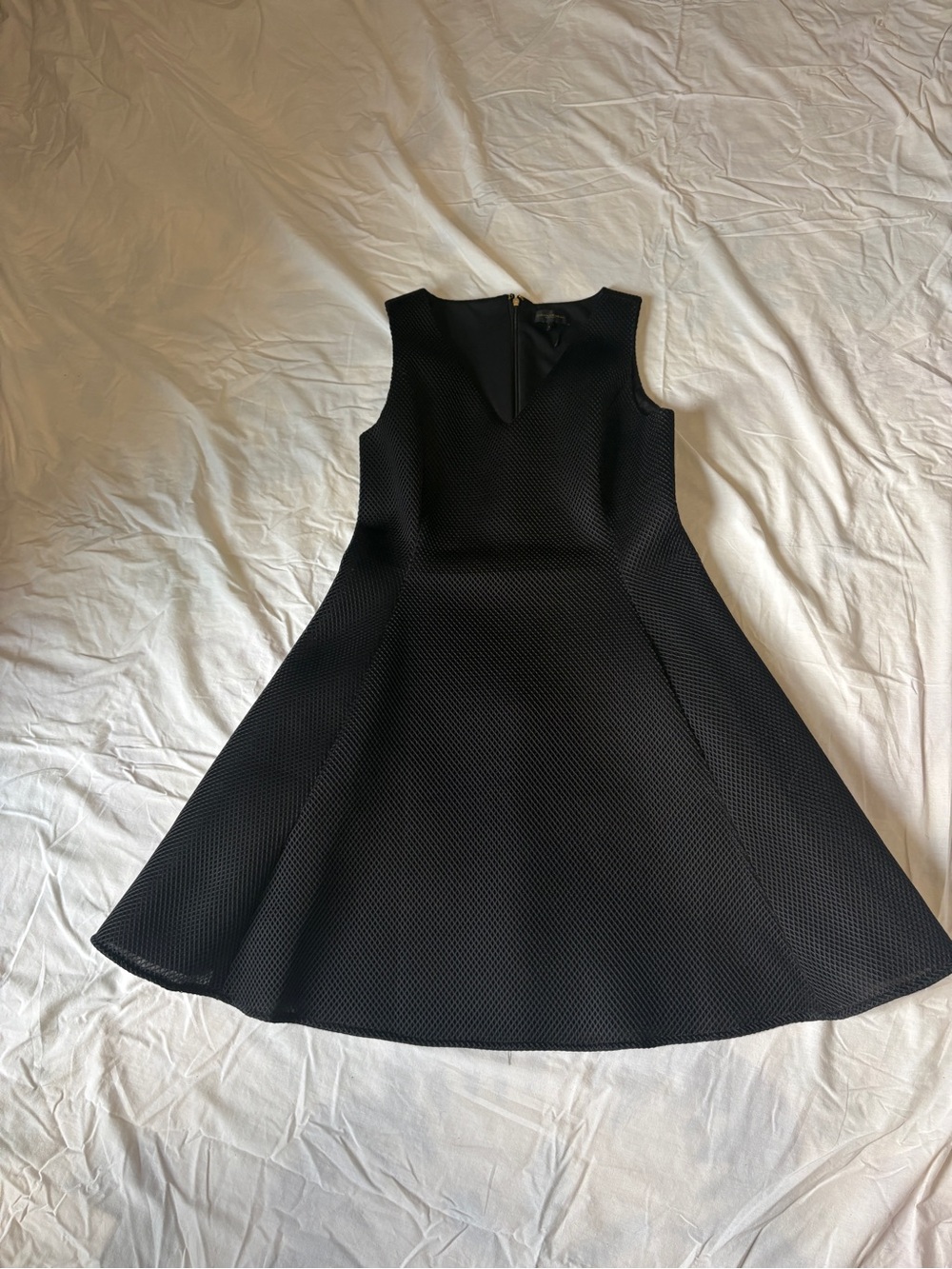 Donna Karen fishnet overlay Black Textured Fit-and-Flare Dress. Size 12